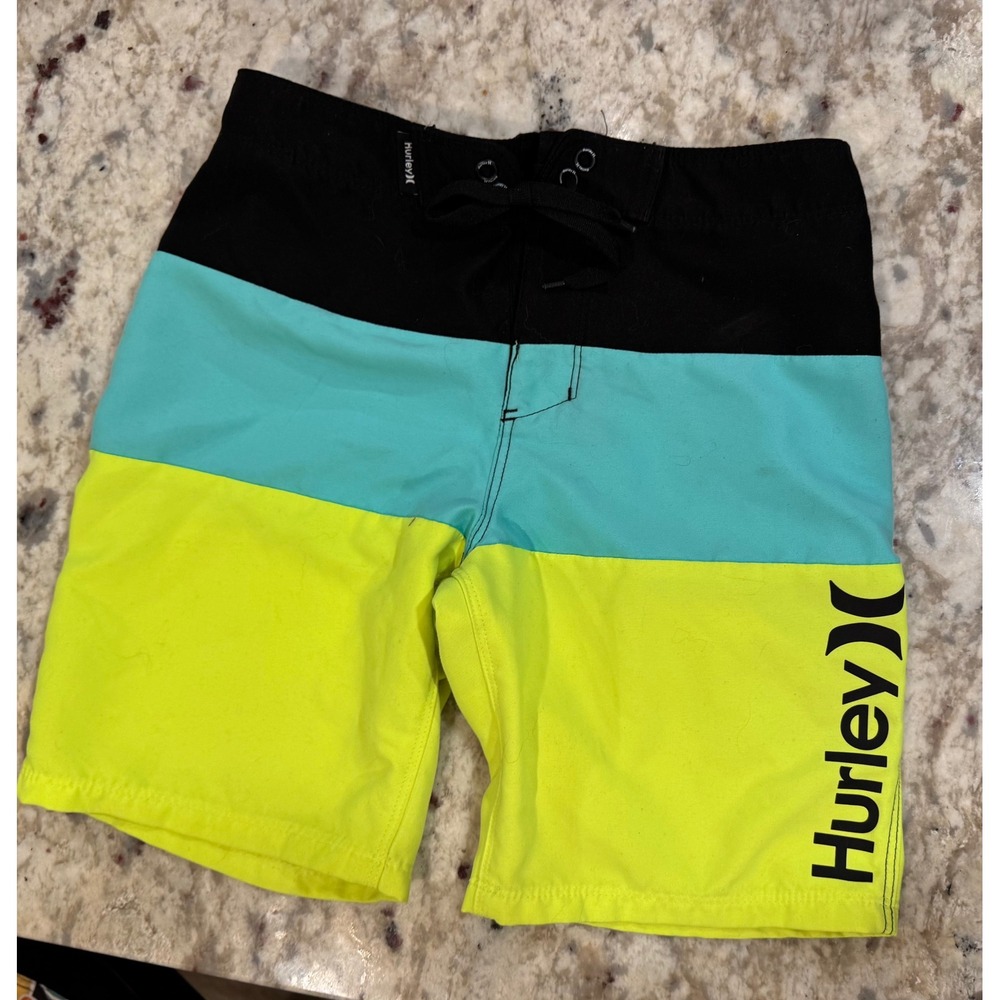 Hurley Boys Board Shorts Size 8 24 Black Turquoise Neon Yellow Colorblock Swim